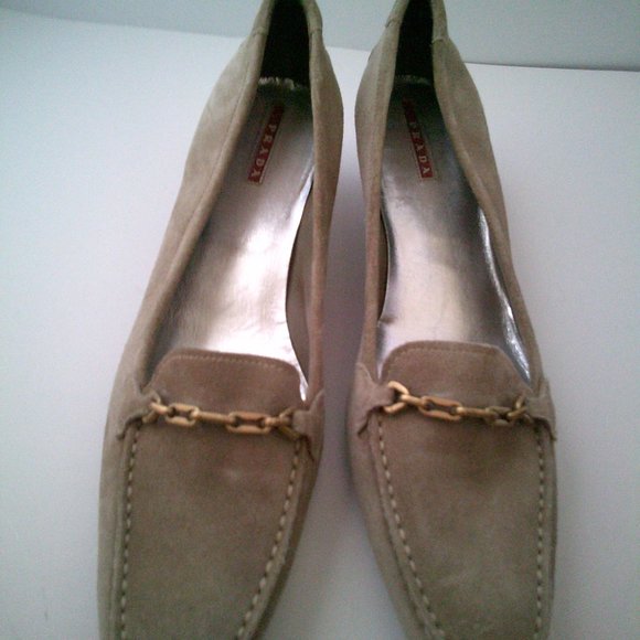 Prada Womens Brown Suede Slip On Loafer with Gold Tone Chain and Kitten Heel - Picture 2 of 6